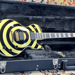 Elektrická kytara s jednovýřezem v tvrdém kufru. Tělo má výrazný žlutý a černý kruhový vzor, zlatý hardware a dva humbuckery. Na hlavě hmatníku je vi…