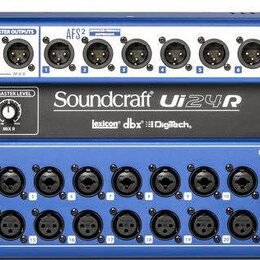 Modrý digitální mixážní pult v rackovém provedení. Na čelním panelu je bílý nápis Soundcraft a pod ním menší loga lexicon, dbx a Digitech. Zařízení o…