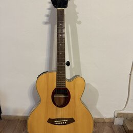 Akustická kytara s cutawayem v přirozené dřevěné barvě a tmavým hmatníkem. Na hlavě je bílý nápis "Ibanez". Nástroj je umístěn na stojanu před bílou…