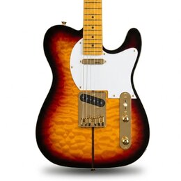 Elektrická kytara s tlemem v barvě sunburst a výraznou plamenovou strukturou dřeva. Nástroj má bílý pickguard, javorový hmatník a zlaté kovové části,…