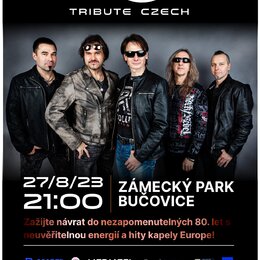 Propagační plakát kapely Europe Tribute Czech. Na fotografii je zobrazeno pět mužů v kožených bundách a slunečních brýlích. Text na plakátu uvádí dat…