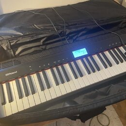 Černé digitální piano značky Roland, model GO:PIANO, umístěné v černé transportní tašce. Nástroj má bílé a černé klávesy a v horní části se nachází m…