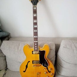 Žlutá polodupatá elektrická kytara s hnědým hmatníkem a černým pickguardem. Na hlavě je bílý nápis Epiphone a dekorativní ornament. Nástroj má zlaté…