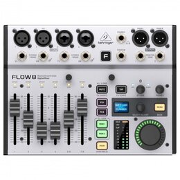 Bílý digitální mixér značky behringer s označením FLOW8 Bluetooth Controlled Digital Mixer. Zařízení má v horní části čtyři vstupy, několik výstupů a…