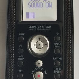 Černý přenosný digitální nahrávač značky KORG. Na displeji je text KORG SR1 SOUND ON a fialový sloupec indikátoru. Pod displejem je nápis SOUND on SO…
