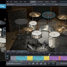 Snímek zobrazuje software Superior Drummer 3 od společnosti Toontrack. Na levé straně je zobrazen obal produktu s nápisy SUPERIOR LINE, 3, SUPERIOR D…