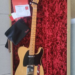 Elektrická kytara typu Telecaster v přírodní dřevěné barvě s černým pickguardem, umístěná v otevřeném kufru s červeným plyšovým vnitřkem. Na hlavě hm…