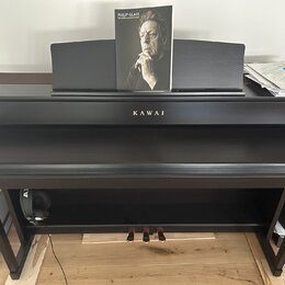 Černý digitální piano s uzavřenou klaviaturní víkem a integrovaným stojanem. Na přední straně je zlatý nápis KAWAI. Na notovém pultu je umístěn album…