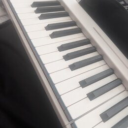 Bílá elektronická klávesnice z plastového materiálu. Na fotografiím je vidět část klaviatury s černými a bílými klávesami. Povrch nástroje je čistý,…