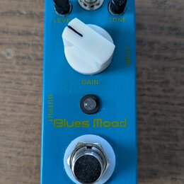 Modrý efekt pedál s nápisy „Blues Mood“ a „MOOER“. Na horní straně jsou dva černé knoflíky s popisky „LEVEL“ a „TONE“, velký bílý knoflík s popiskem…