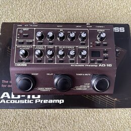 Černý kytarový pedál s nápisy BOSS a Acoustic Preamp AD-10. Zařízení má na horním panelu řadu ovládacích knoflíků, přepínačů a malý digitální displej…