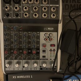 Stříbrný mixážní pult značky behringer s označením XENYX Q802USB. Zařízení obsahuje čtyři vstupní kanály s ovládacími prvky pro GAIN, EQ a LEVEL, USB…