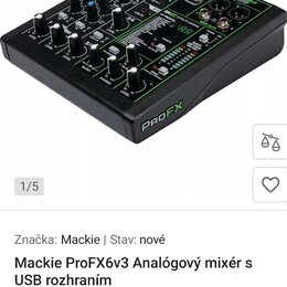 Černý analogový mixér s zelenými detaily a ovládacími prvky. Na horní straně je nápis ProFXv3 a na boční hraně logo PROFX. Zařízení obsahuje několik…