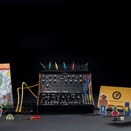 Černý analogový syntetizátor s nápisy moog a MOTHER-32 v dolní části. Přístroj je osazen několika ovládacími knoflíky, přepínači a zapojenými patch k…