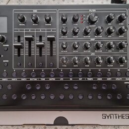 Stříbrný syntetizátor s nápisy Roland SYNTHESIZER SH-4d. Přístroj obsahuje zahlreiche ovládací knoflíky, čtyři vertikální posuvníky a několik řad mal…