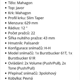 Snímek zachycuje screenshot z webové stránky kytary.cz s technickými specifikacemi elektrické kytary typu Les Paul v barvě Sunburst. Text uvádí detai…