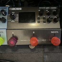 Šedý efektový pedál s nápisy BOSS a REVERB RV-500. Zařízení má displej, několik otočných potenciometrů a ovládací tlačítka s nápisy WRITE, EXIT a EDI…