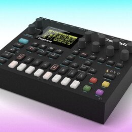 Černý polyfonní digitální syntetizátor s nápisem Digitone na displeji a logem Elektron v pravém horním rohu. Zařízení má malý displej s grafickým roz…