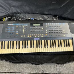 Černý digitální syntetizátor v černé přepravní brašně. Na přístroji je bílý nápis Roland E-56 SYNTHESIZER. Klávesnice vykazuje zežlutnutí bílých kláv…