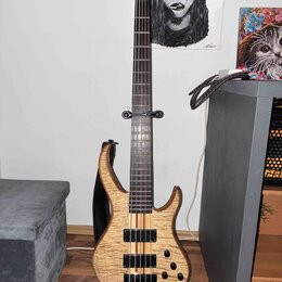 Pětstrunná basová kytara s přírodním dřevěným povrchem těla a hnědým hmatníkem. Na hlavě je viditelné logo Ibanez. Nástroj má tři černé snímače a čty…