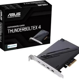 Fotografie zobrazuje expanzní kartu a její originální krabici. Na kartě i na krabici je uveden název THUNDERBOLTEX 4 a logo ASUS. Na krabici je dále…