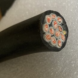 Detailní pohled na řez černého kabelu. Uvnitř jsou vidět deset žil s měděnými vodiči, z nichž každá je obalena šedou izolací. Jedna z žil má v části…