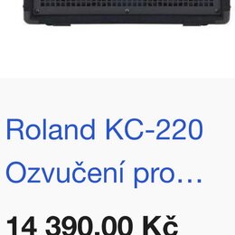 Černý kombozesilovač s mřížkou z kovového pletiva a dvěma reproduktory. Na horní části mřížky je bílý nápis Roland. Horní panel obsahuje několik ovlá…