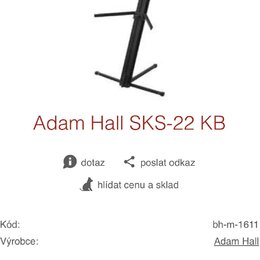 Fotografie znázorňuje černý kovový stojan na hudební nástroje. Pod obrázkem je uveden název Adam Hall SKS-22 KB a u výrobce značka Adam Hall. V textu…