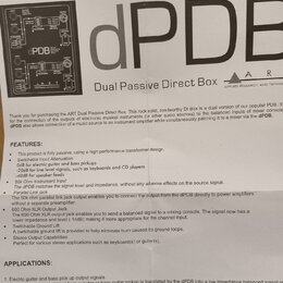 Fotografie zachycuje část uživatelské příručky k zařízení s názvem dPDB Dual Passive Direct Box. V horní části je vidět schéma zapojení a logo ART (A…