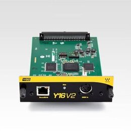 Zadávací panel černého zařízení s žlutým horním okrajem a zelenou elektronickou deskou. Na čelní straně je nápis Y16 V2, logo WSG a označení SoundGri…