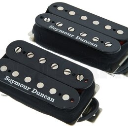 Dva elektrické snímače typu humbucker v černé barvě. Na spodní části obou snímačů je bílý nápis Seymour Duncan. Povrchy jsou hladké a v dobrém stavu.