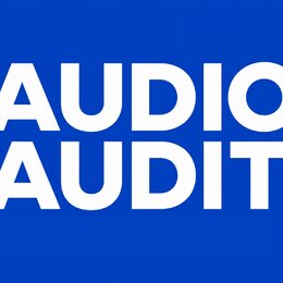 Modrý obrázek s bílým textem. Text je rozdělen do dvou řádů a zní AUDIO AUDIT.