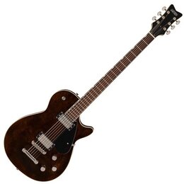 Tmavně hnědá elektrická kytara s černým hmatníkem a černým plecháčem. Na hlavě nástroje je bílý nápis Gretsch. Kytara má dva snímače s kovovými kryty…
