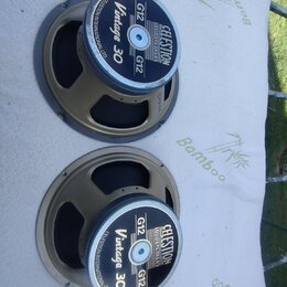 Dvě reproduktory značky Celestion v béžovém provedení. Na středových krytech je uveden nápis LOUDSPEAKERS, model G12 Vintage 30 a text CELESTION INTE…