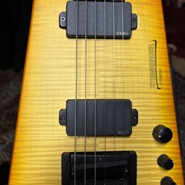 Elektrická kytara s žlutým plamenovitým povrchem těla. Na těle jsou dva černé humbuckery s nápisem EMG a nápis STEINBERGER synapse. V pravé dolní čás…