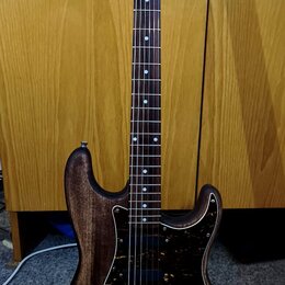 Elektrická kytara s tmavě hnědým dřevěným korpusem a hnedým hmatníkem. Kytara má tmavý vzorovaný pickguard a na hlavě je viditelné logo Fender spolu…