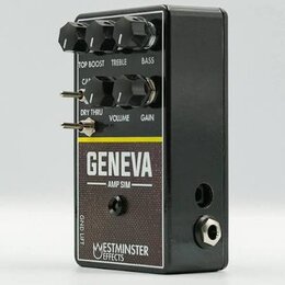 Černý kytarový efekt s nápisem GENEVA AMP SIM a logem WESTMINSTER EFFECTS. Na horní části jsou pětiknobečky s popisky TOP BOOST, TREBLE, BASS, DRY TH…