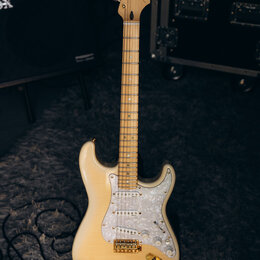 Elektrická kytara s bílým tělem a světlou hnedou hmatníkem. Na hlavě je viditelné logo Fender. Kytara má perleťový pickguard a zlaté kování ladících…