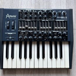 Černý analogový syntetizátor s klaviaturou, na kterém je vlevo nápis Arturia MUSICAL INSTRUMENTS a vpravo MINIBRUTE ANALOG SYNTHESIZER. Přístroj obsa…