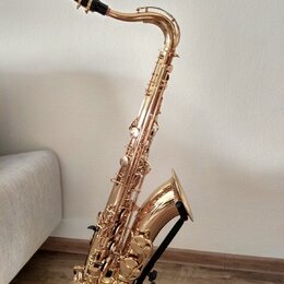 Zlatý saxofon s černým mouthpiecem, umístěný na černém stojanu. Nástroj má lesklý povrch bez viditelných poškzení. Na fotce nejsou žádné čitelné znač…