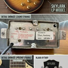 Koláž čtyř fotografií elektrické kytary typu LP v žlutomódním sunburst provedení. Na hlavě kytary je bílý nápis SKYLARK. Zadní strana snímače obsahuj…