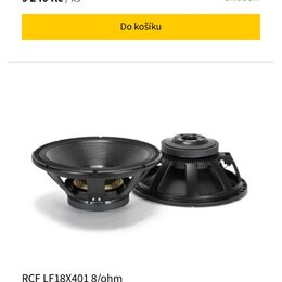 Snímek zachycuje dva černé 18" reproduktory z různých úhlů. Pod nimi je uveden text RCF LF18X401 8/ohm a technické specifikace: Reproduktor 18", 1500…