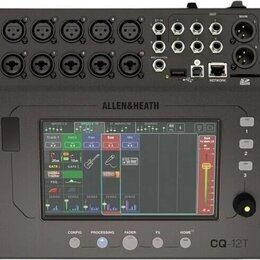 Digitální mixážní pult v černé barvě s dotykovým displejem. Na horní straně je nápis ALLEN&HEATH a v pravém dolním rohu označení CQ-12T. Horní panel…