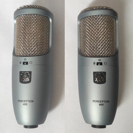Dvě fotografie stříbrného dynamického mikrofonu s kovovou síťkou. Na těle je umístěno logo AKG v čtvercovém rámečku a nápis PERCEPTION 400. Nad logem…