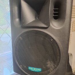 Černý plastový aktivní reproduktor s integrovaným výhňotem v horní části. Na spodním ochranném sítku je modrý štítek s nápisem DEXON Professional Gea…