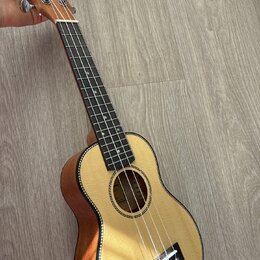 Dřevěný ukulele s přírodní barvou těla a hnědým krčkem. Na hlavě je vidět nápis CASUAL. Nástroj má čtyři struny, tmavý hmatník a černý lem kolem ozvu…