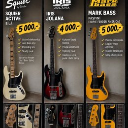 Inzerát zobrazuje tři elektrické basové kytary. První je bílá s nápisem Squier by Fender, druhá je červeně gradientní se značkou IRIS JOLANA a třetí…