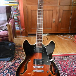 Polodupatá elektrická kytara s tělem v barvě sunburst a černým pickguardem. Na hlavě je viditelné logo Epiphone. Nástroj má dva humbuckery, tři kontr…