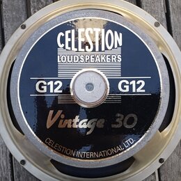 Kruhové reproduktory s černým krytem a stříbrným rámem. Na krytu jsou bílý nápis CELESTION LOUDSPEAKERS, zlatý nápis Vintage 30 a dvakrát bílý nápis…