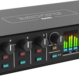 Černý audio rozhraní s nápisem MOTU M6 na horní straně. Přední panel obsahuje čtyři ovratové knoflíky s označením GAIN (čísla 1 až 4), přepínače 48V…